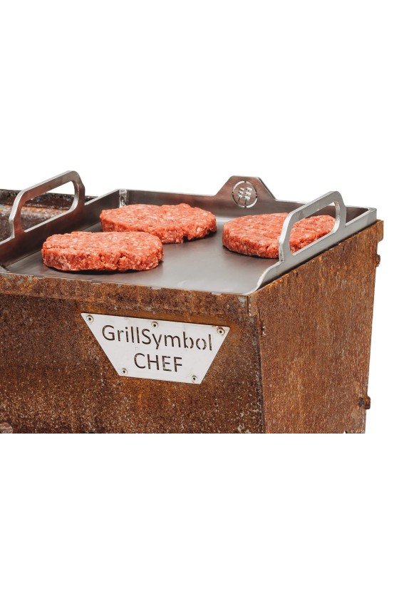 GrillSymbol Mėsainių presas 14cm ir grilis plancha 28x34cm, rinkinys iš nerūdijančio plieno Inox